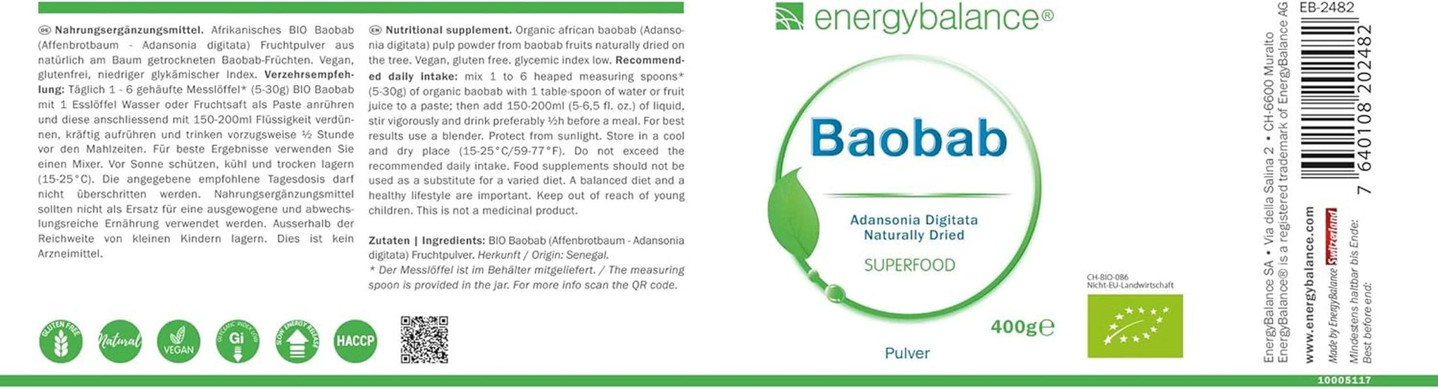 Baobab ekologiskt pulver - vitamin C, kalcium, magnesium, kalium, 400 gram Aromas Naty Shop
