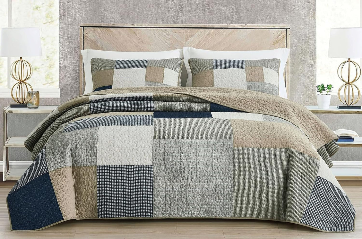 Chezmoi Collection Addy Patchwork Quilt Set Förtvättad bomull Lätt Vändbar All Seasons Oversized 3 delar Marinblå Vit Grå Taupe Pläd Quilts & Quilts Naty Shop