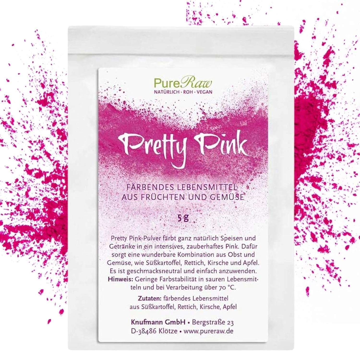 Pretty Pink Natürliche Lebensmittelfarbe Pulver Rosa (Roh Vegan) Pastellrosa Bis Intensiv Rosa-Rot - Essbare Farbe Für Lebensmittel Aus Früchten Und Gemüse - Naturlig matfärgning | Pureraw 5G Naty Shop 5 G (1Er Pack) Rosa