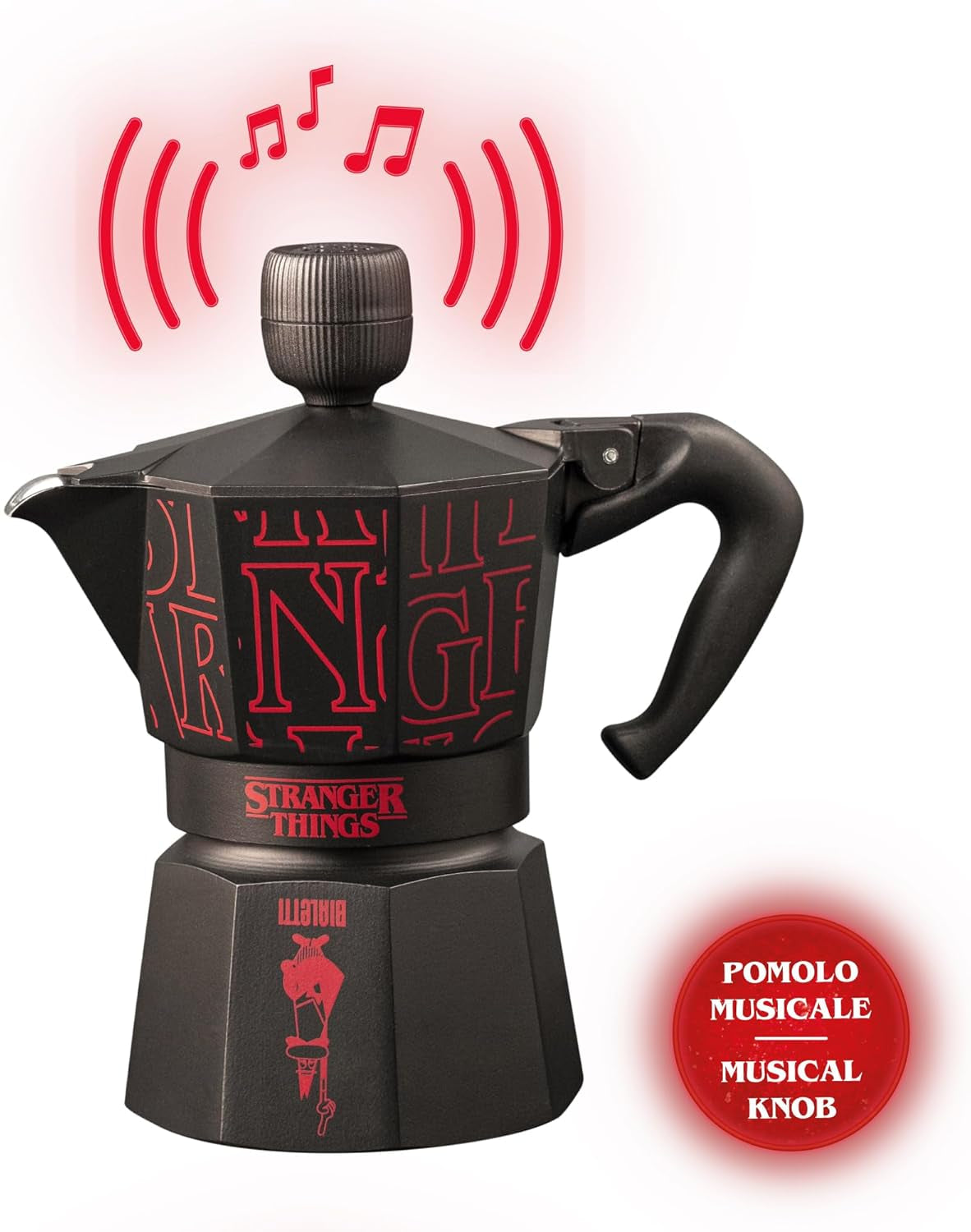 Bialetti Moka Express Stranger Things 3-kopps kaffebryggare, Musikknapp med USB-C-laddningsfunktion, Ej lämplig för induktionshällar, 3 koppar (130 ml), Svart