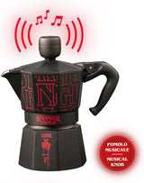 Bialetti Moka Express Stranger Things 3-kopps kaffebryggare, Musikknapp med USB-C-laddningsfunktion, Ej lämplig för induktionshällar, 3 koppar (130 ml), Svart