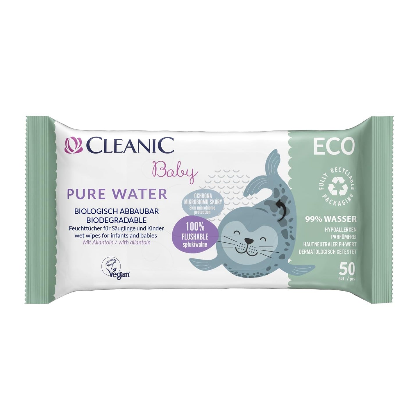 Cleanic Baby Eco Pure Water Wet Wipes – (1 x 50 st.) Våtservetter för barn och spädbarn – parfymfri, sköljbar, känslig hud – 50 st.