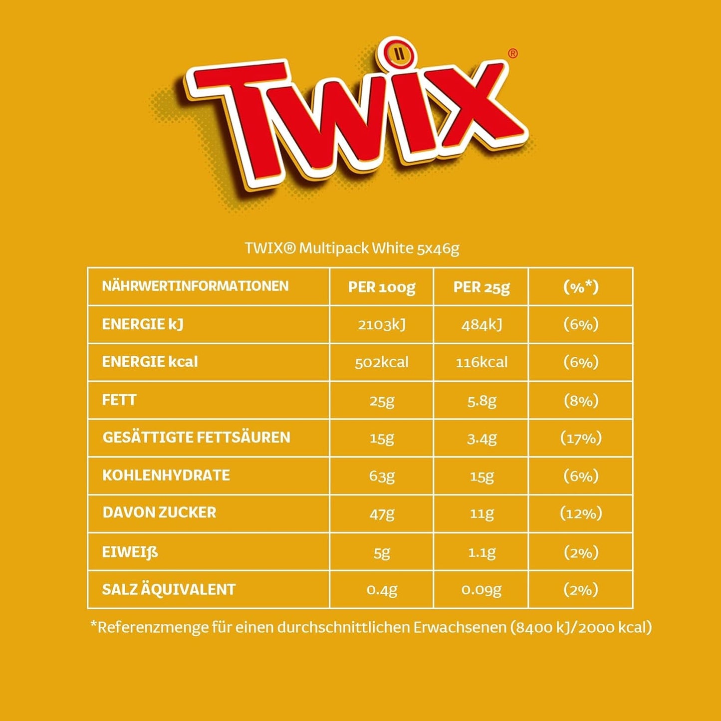 Twix vita chokladkakor; kola, kex, vit choklad; flera paket choklad; 5 barer (5 x 46 g)