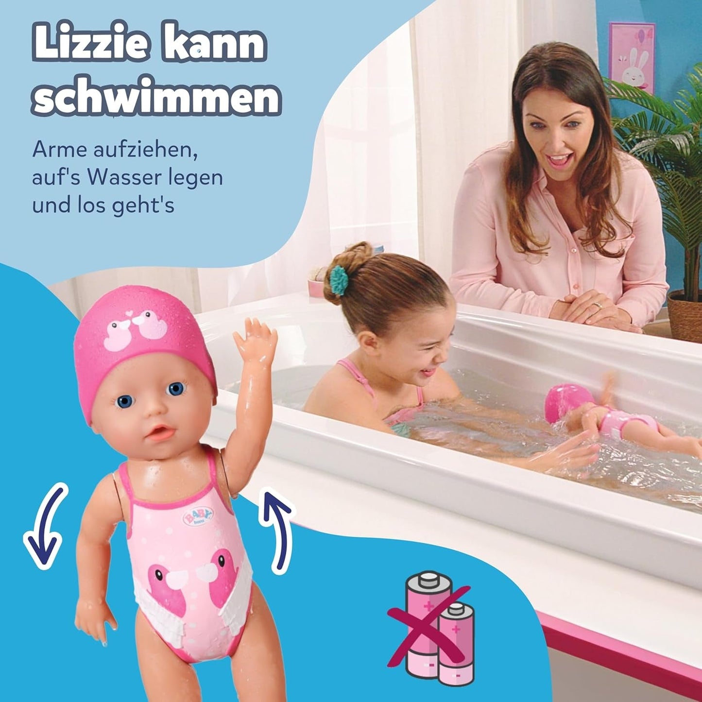 BABY Born My First Swimmer Girl - 30 cm docka - Baddocka med vridmekanism, vattentät - Fungerar utan batterier - Lämplig för barn från 1 år och uppåt