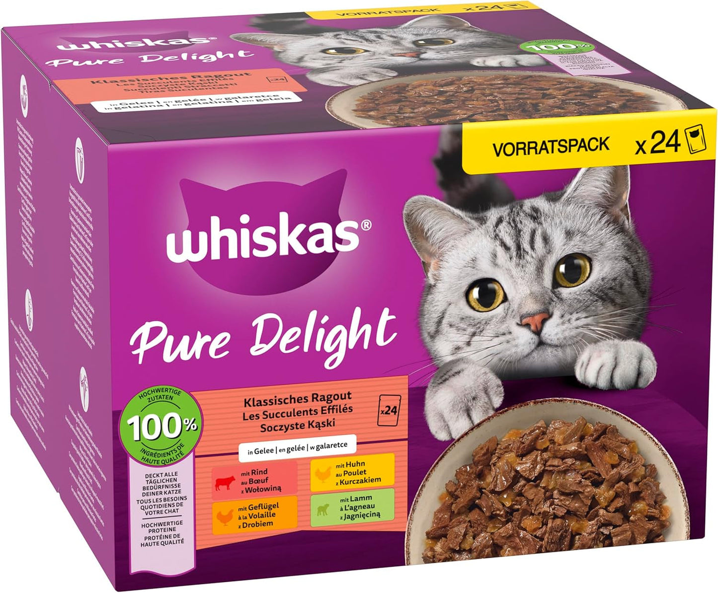 WHISKAS PURE DELIGHT Våtfoder i gelé 24 x 85g Classic Ragout (4 förpackningar) 48 portionspåsar