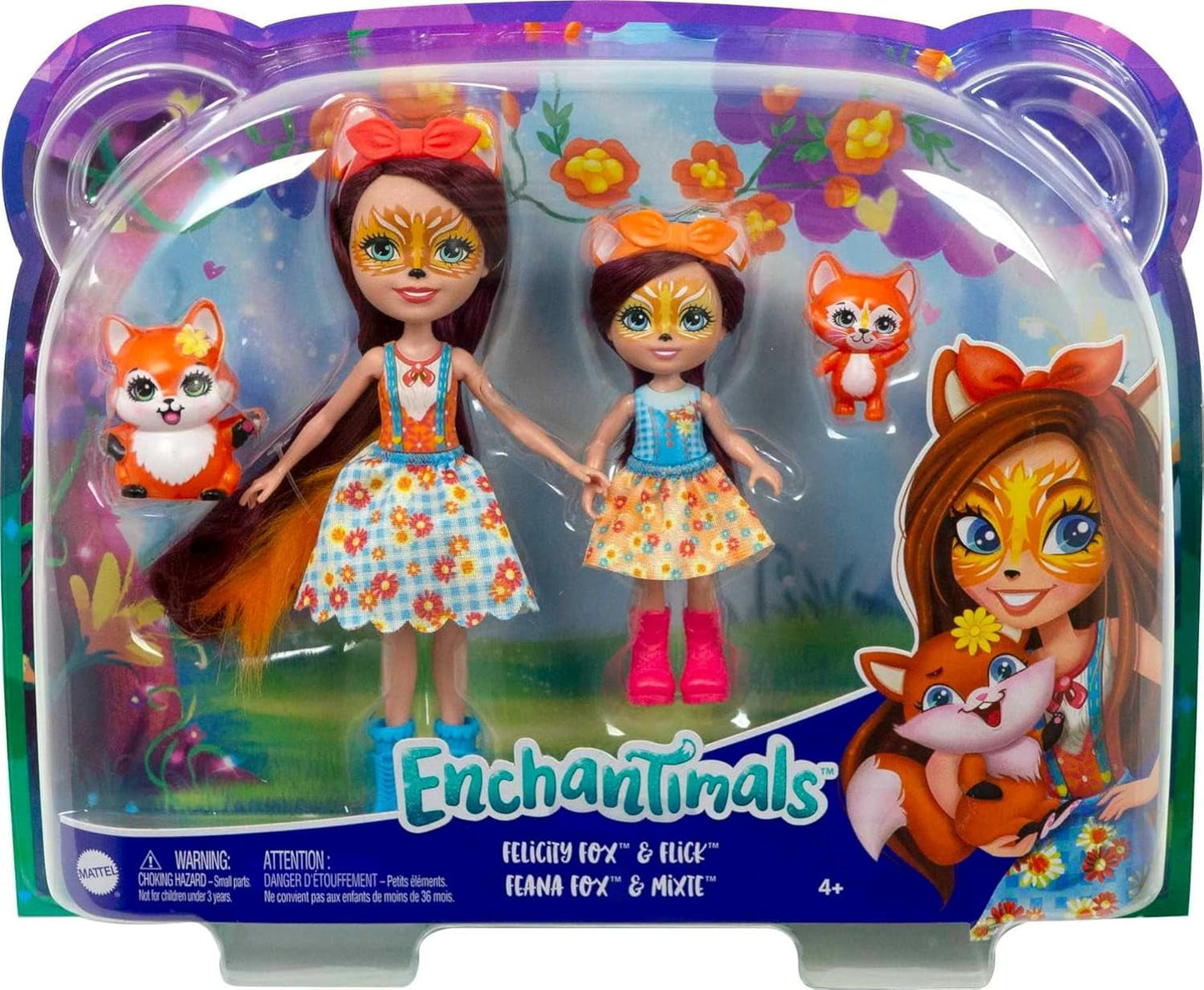 Enchantimals HCF81 - Felicity Fox och hennes lillasyster (ca 15cm och ca 10cm) och 2 djurfigurer, avtagbar kjol och accessoarer, bra present till barn från 3 år och uppåt