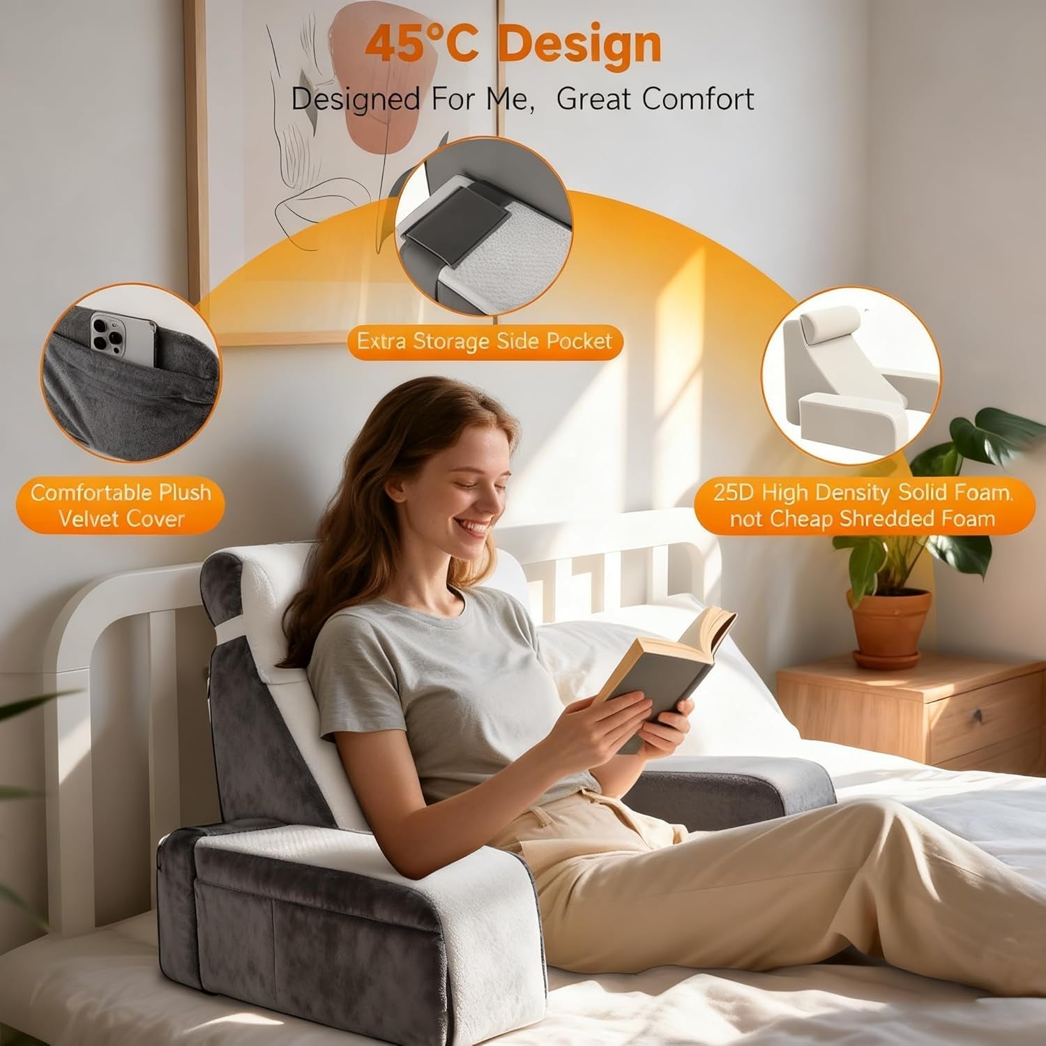 Stor läskudde med avtagbart nackstöd och armstöd, ryggkudde till sängen, ergonomisk ryggkudde med arm, ficka och tvättbart överdrag för läsning och tv-tittande.