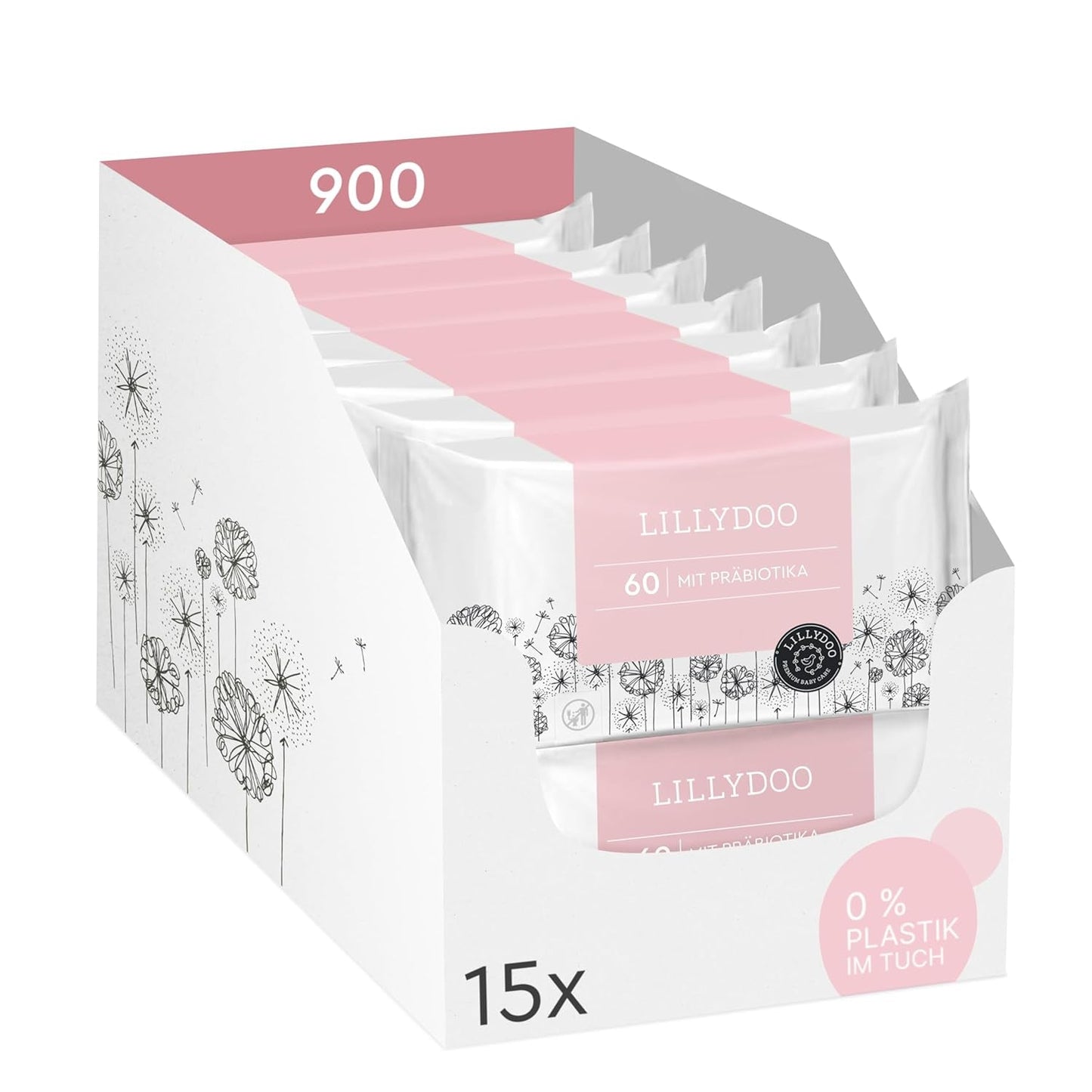 LILLYDOO Gröna våtservetter, 600 antal (10 x 60), 100 % plastfri tårbeständig våtservett - Doftfri, skonsam och naturlig, skonsam rengöring för känslig hud, dermatologiskt testad
