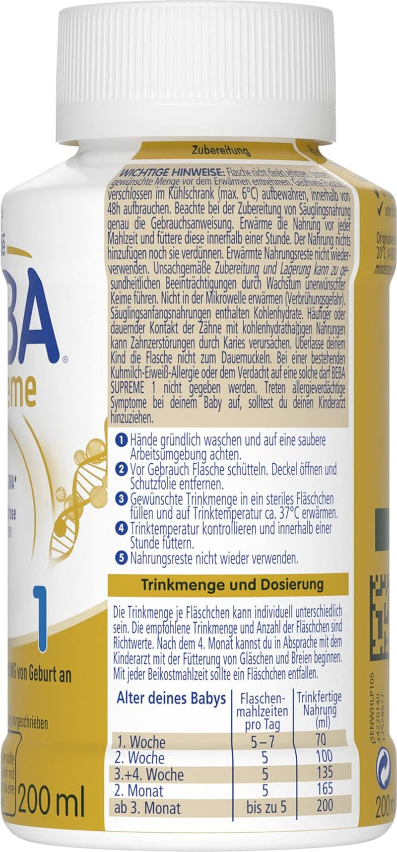 BEBA Nestlé BEBA SUPREME 1 Modersmjölksersättning: Drickfärdiga flaskor med Omega 3, 1 förpackning (1 x 200 ml)