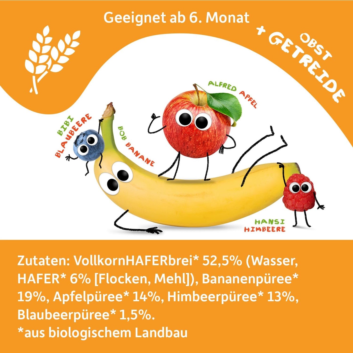 FRECHE FREUNDE Ekologisk fruktpåse Banan, äpple, hallon, blåbär med havre, fruktpuré med spannmål i en pressbar påse för bebisar från 6 månader, vegansk, 6-pack (6 x 100 g)