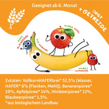 FRECHE FREUNDE Ekologisk fruktpåse Banan, äpple, hallon, blåbär med havre, fruktpuré med spannmål i en pressbar påse för bebisar från 6 månader, vegansk, 6-pack (6 x 100 g)