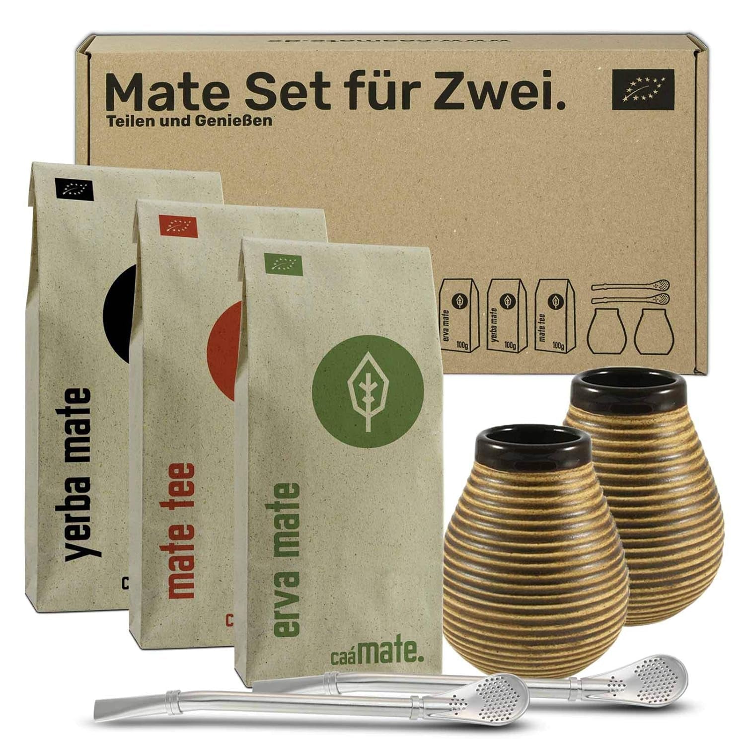 Mate-te-servis för två, ekologisk ● 2 Mate-koppar + 2 bombillas + 300 g Mate-te + tillagningsinstruktioner