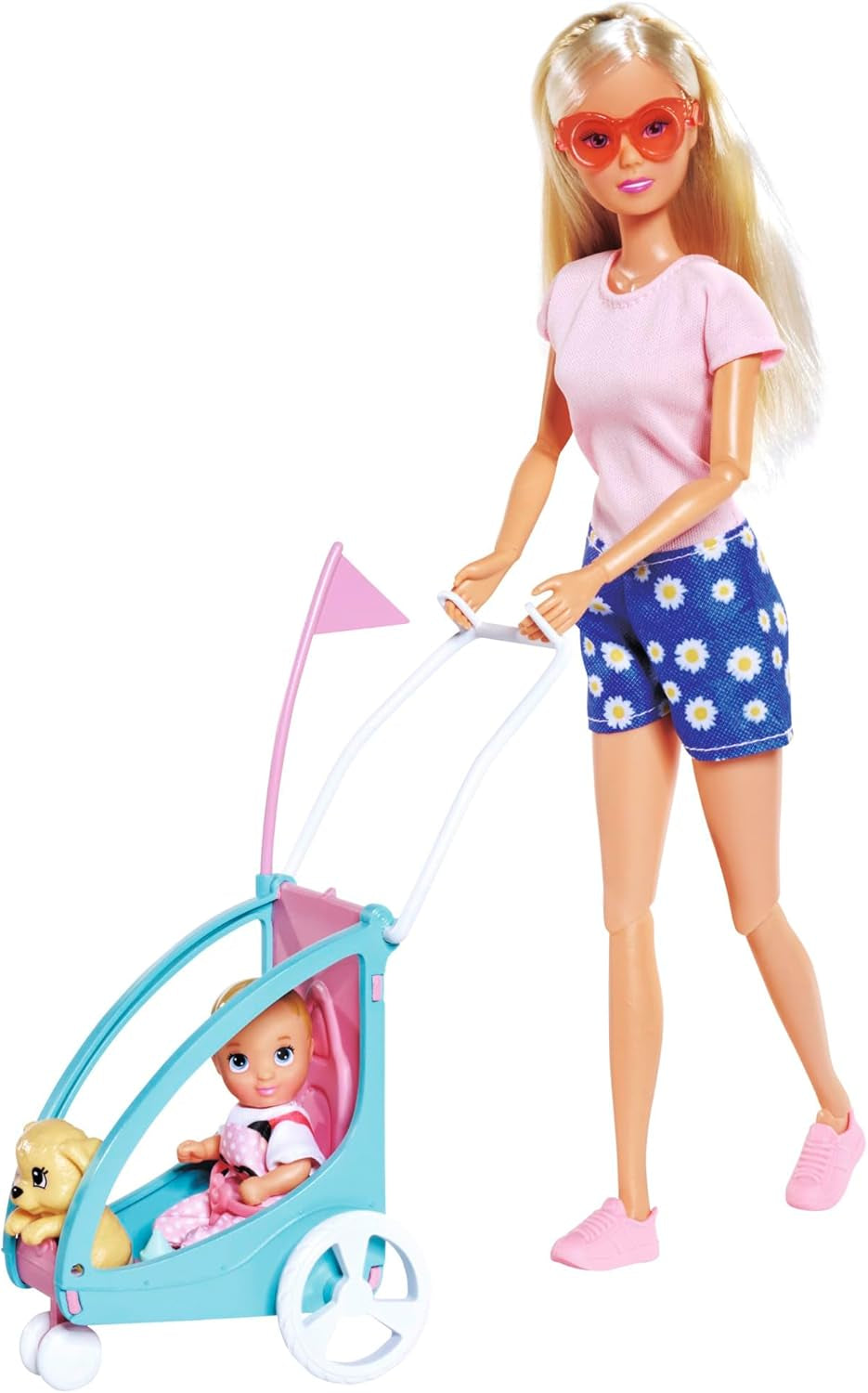 Steffi Love Bike Trailer, Docka på cykel med släp för baby, hund och hörlurar, 3 år och uppåt