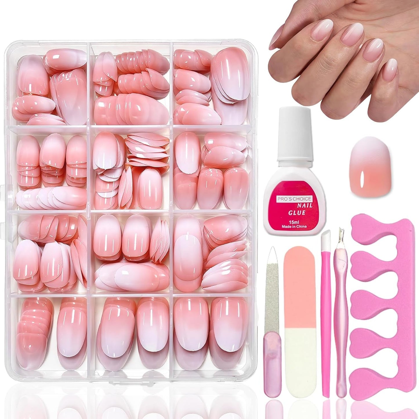 360 delar False Nails Kit - Kort Naken Rosa Vit Gradient False Nails - Fyrkantigt lim på False Nails - Heltäckande glansiga självhäftande naglar för kvinnor och flickor (fyrkantiga)