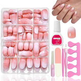 360 delar False Nails Kit - Kort Naken Rosa Vit Gradient False Nails - Fyrkantigt lim på False Nails - Heltäckande glansiga självhäftande naglar för kvinnor och flickor (fyrkantiga)