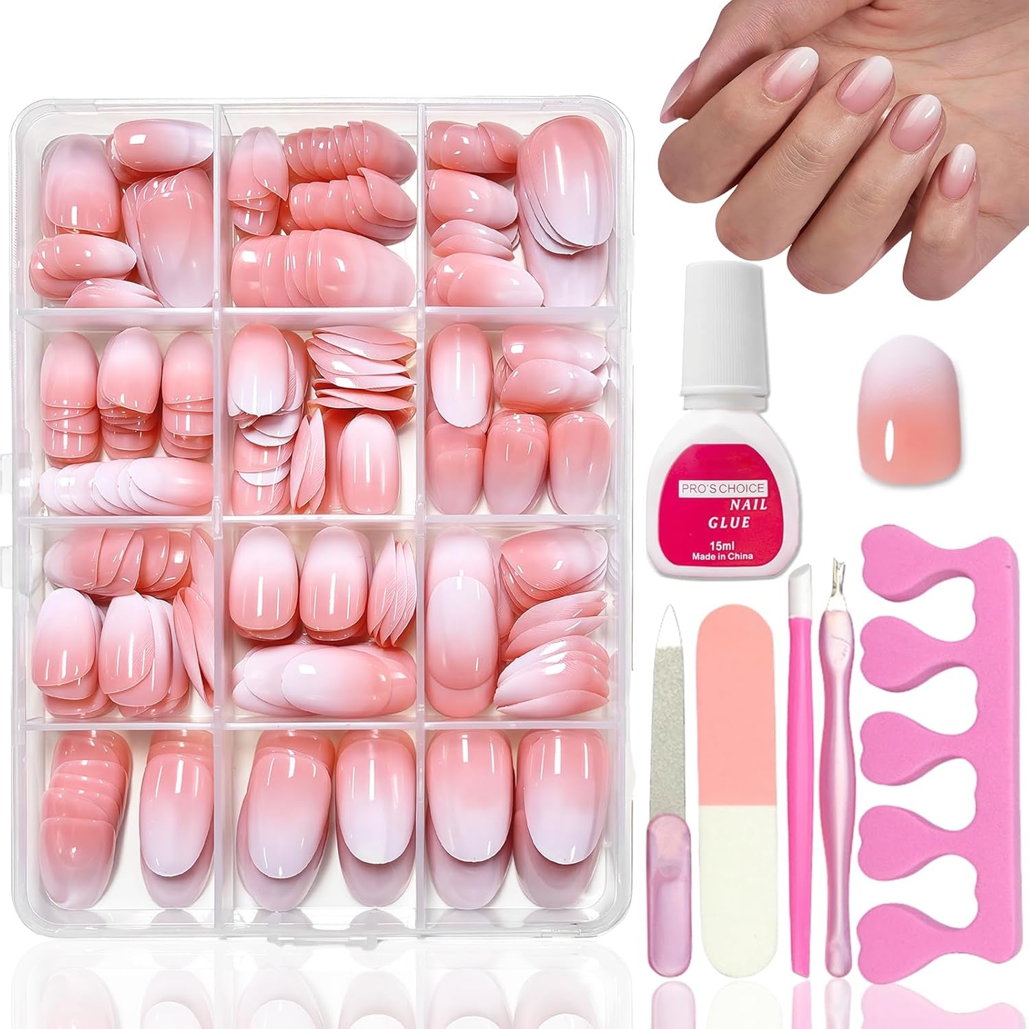 360 delar False Nails Kit - Kort Naken Rosa Vit Gradient False Nails - Fyrkantigt lim på False Nails - Heltäckande glansiga självhäftande naglar för kvinnor och flickor (fyrkantiga)