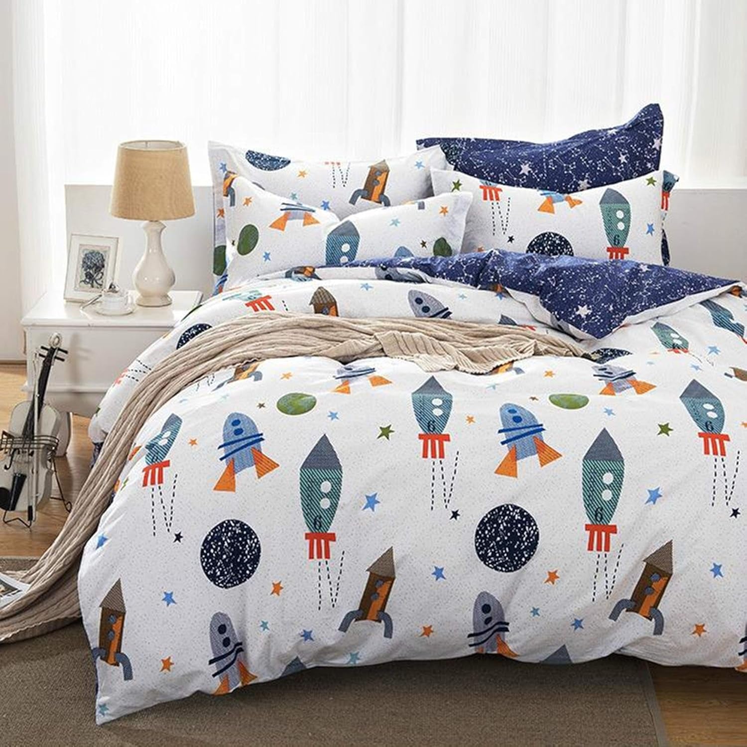 Barnsängkläder, raketer och planeter, vändbar design, bomull Sängkläder - barn Naty Shop 155X220Cm + 50X75Cm