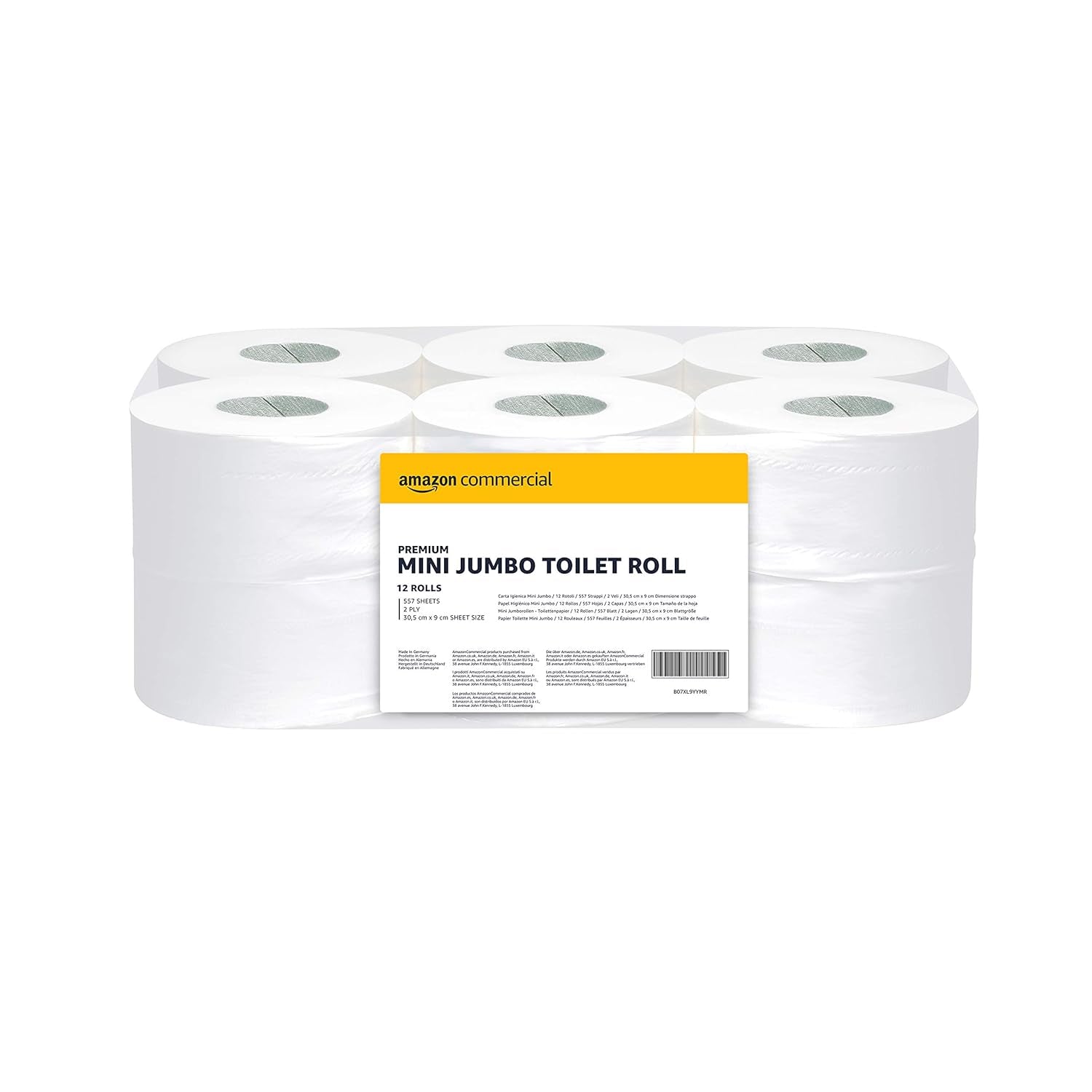 Amazoncommercial Mini Jumbo Toalettpapper, Oparfymerat, 2 Ply, 6684 stycken, 1 förpackning med 12 rullar, 557 ark per rulle, Arkstorlek: 30,5 X 9 cm, Vit, Kompatibel med T2 Dispensers