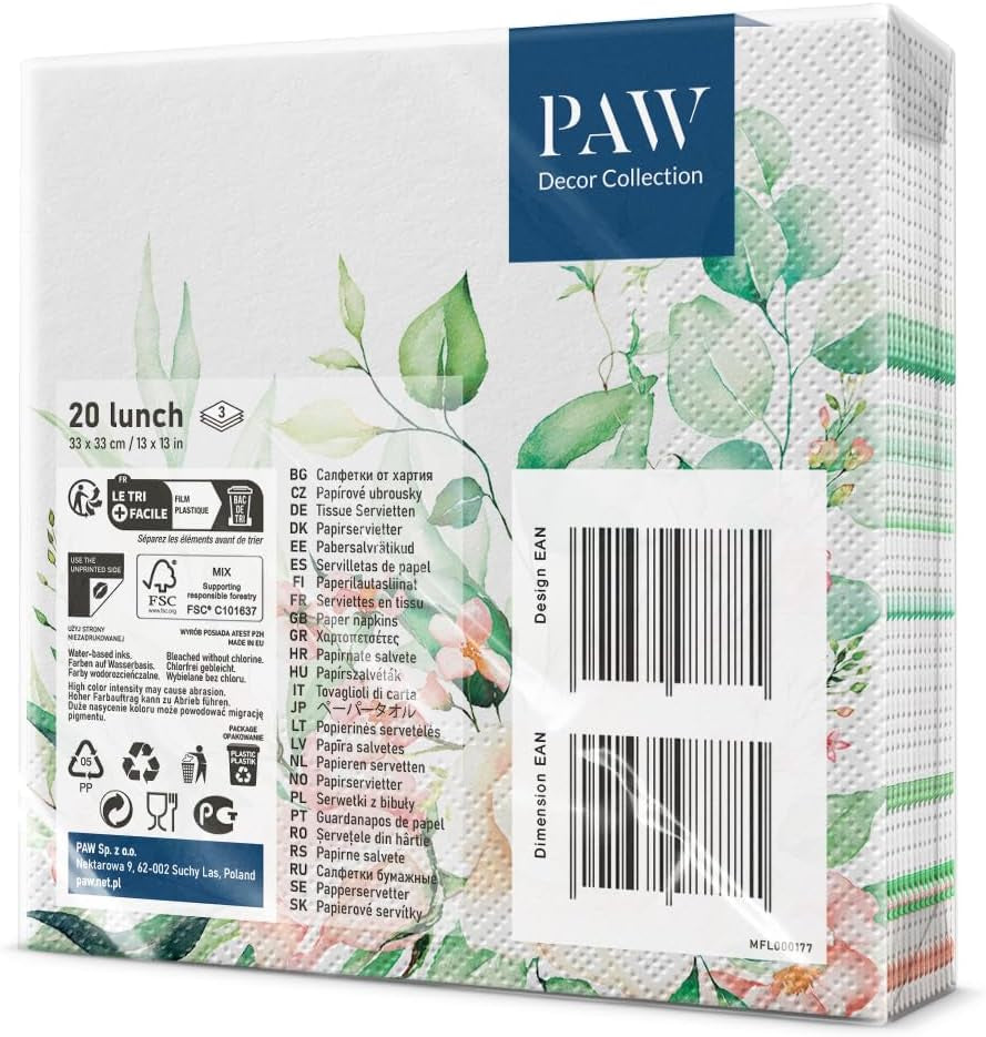 PAW - 3-lagers servetter (33 X 33 Cm) I 20 stycken I Perfekt för födelsedagar, fester, bröllop, nattvard och helgdagar I Färgade pappersservetter - Blommor, rosor I Färg: Blommiga ögonblick (paket med 2)