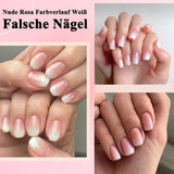 360 delar False Nails Kit - Kort Naken Rosa Vit Gradient False Nails - Fyrkantigt lim på False Nails - Heltäckande glansiga självhäftande naglar för kvinnor och flickor (fyrkantiga)