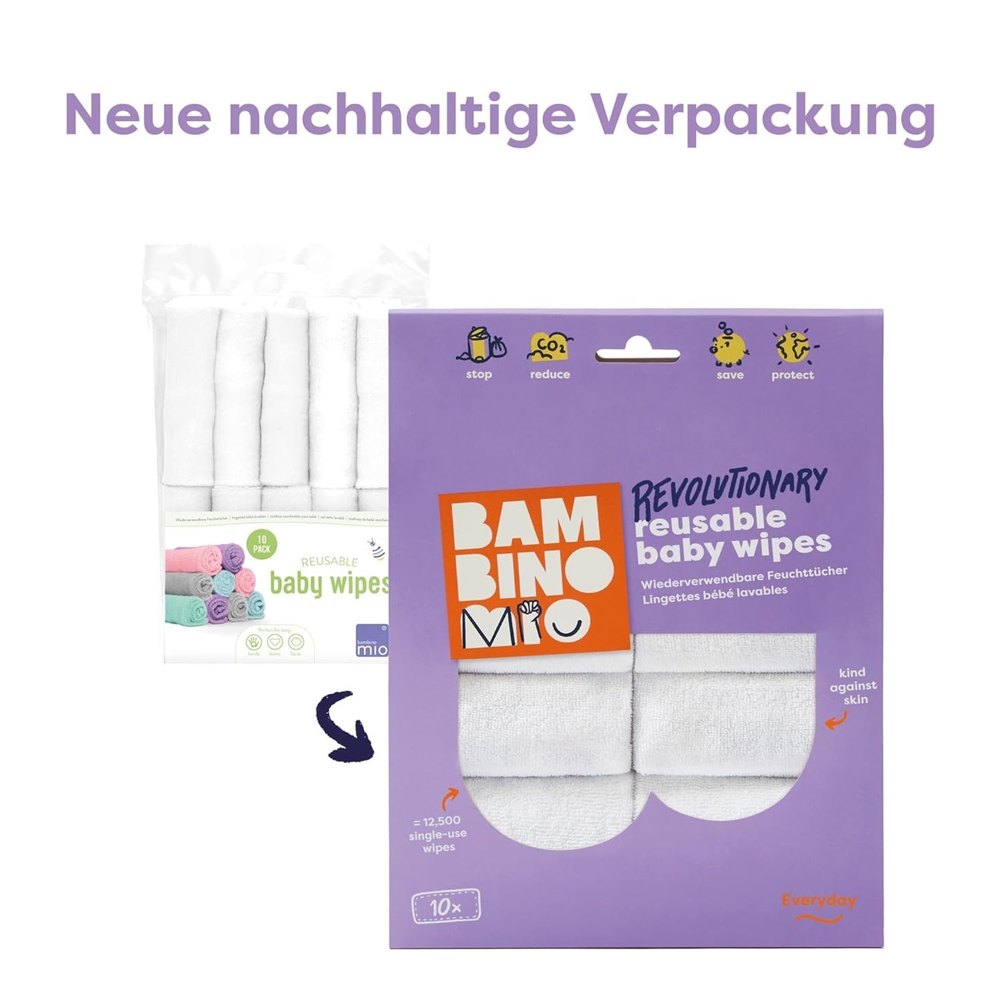 Bambino Mio återanvändbara babyservetter - Basic - Miljövänliga, Kemikaliefria, Dubbelsidiga, Tvättbara, 10-pack, Moln - Förpackningen kan variera