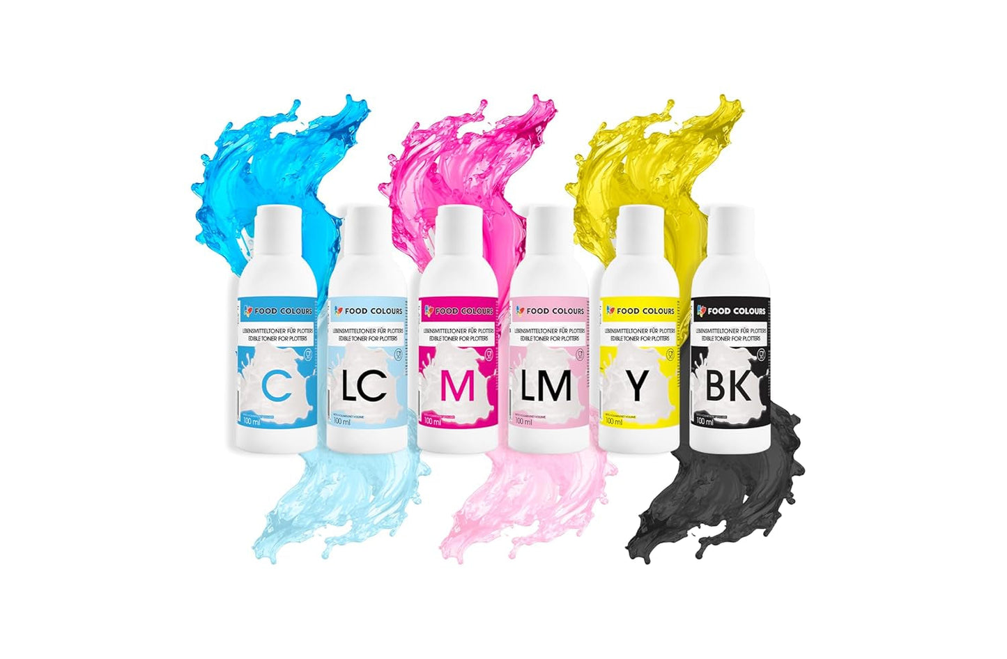 Matfärgningsset med ätbart bläck för plottrar 6 x 100 ml | Ljuscyan | Cyan | Ljus magenta | | Magenta | Gul | Svart | Ätbart tryck, waferpapperstryck, dekorativ tårtoppning