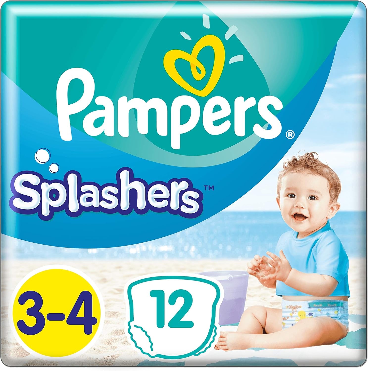 Pampers (gammal version), Splashers engångsbadshorts - Storlek 5/6 (14 kg+) - Kartong med 8 förpackningar om 10