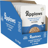 Applaws 100% naturliga Nassfutter für Katzen, Thunfischfilet mit Krabben in Brühe - Packung mit 12 x 70g Beuteln
