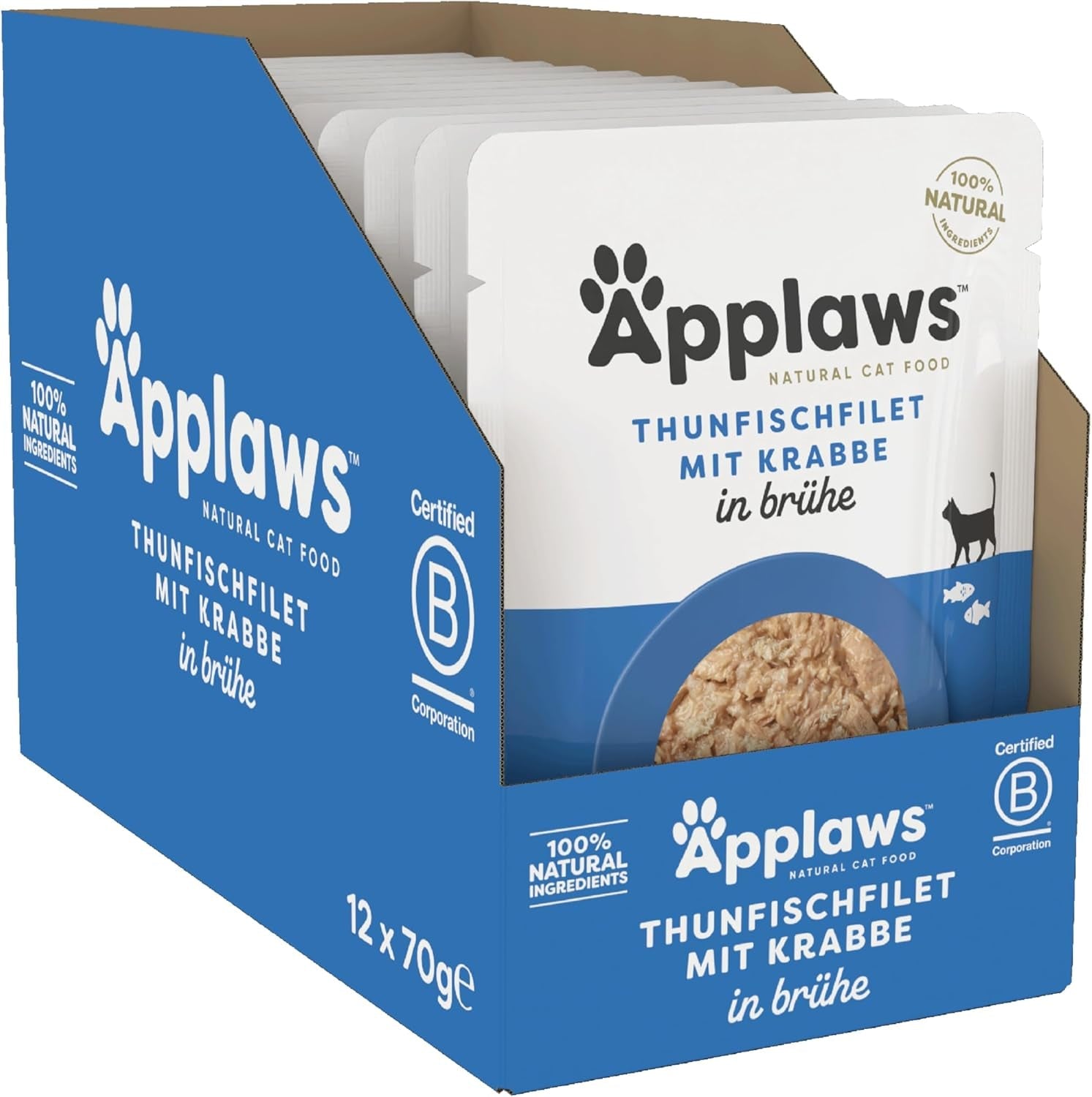 Applaws 100% naturliga Nassfutter für Katzen, Thunfischfilet mit Krabben in Brühe - Packung mit 12 x 70g Beuteln