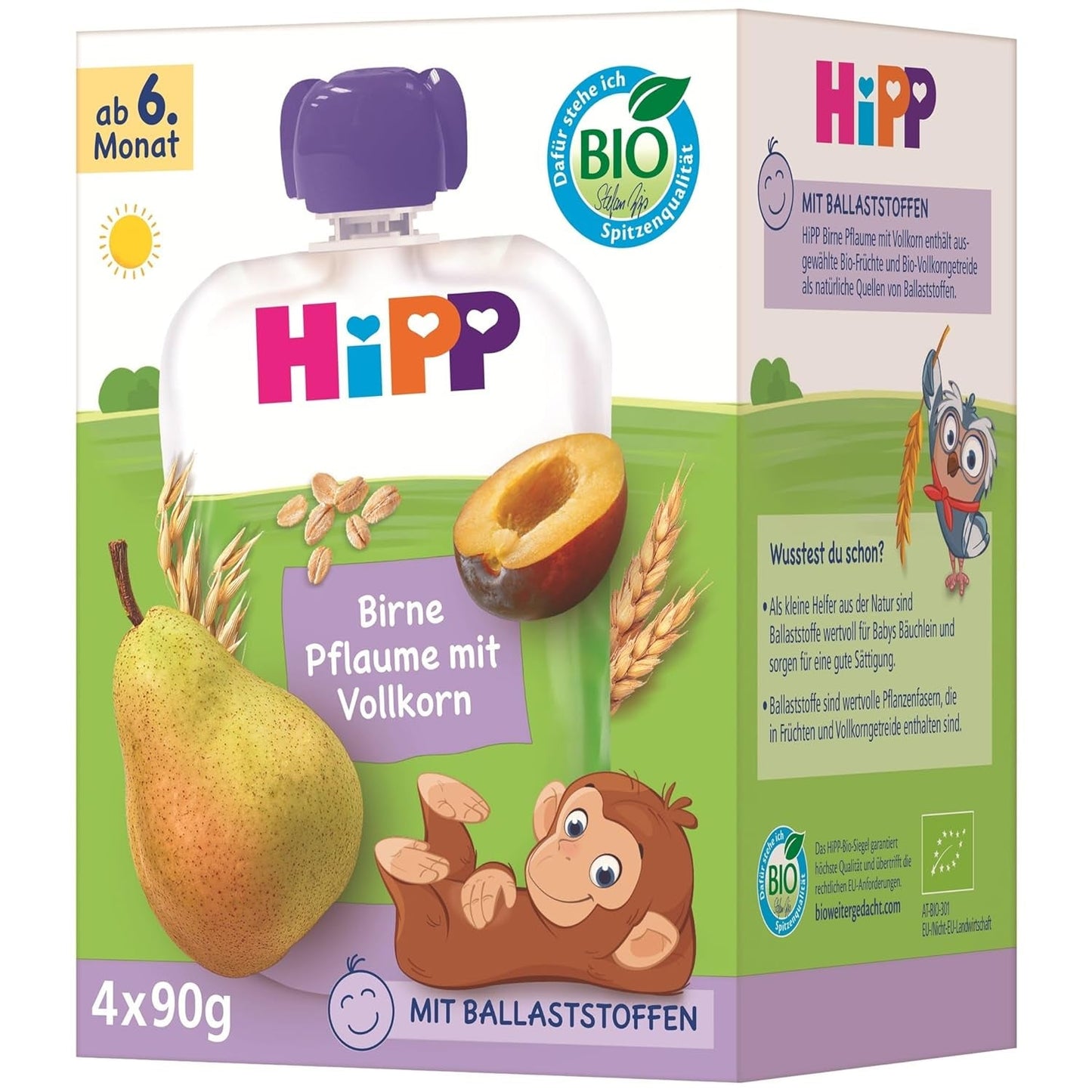 HiPP ekologiska päron- och plommonpåsar, fullkorn, 16 stycken (4 förpackningar om 4 x 90 g vardera), för spädbarn från 6 månader, utan tillsatt socker, vegan, bästa ekologiska kvalitet