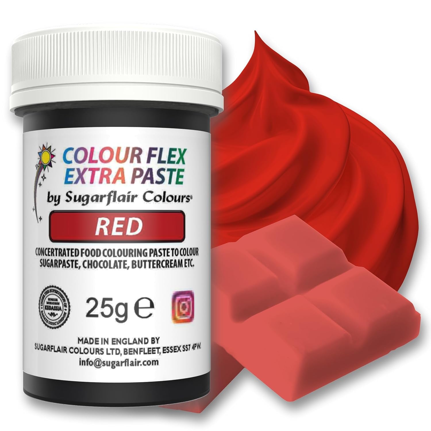 Sugarflair Colourflex Extra Paste matfärg, röd - Ätbar matfärg för smörkräm, choklad, sockerpasta, glasyr, fondant, kakmixar, deg med mera - 25g