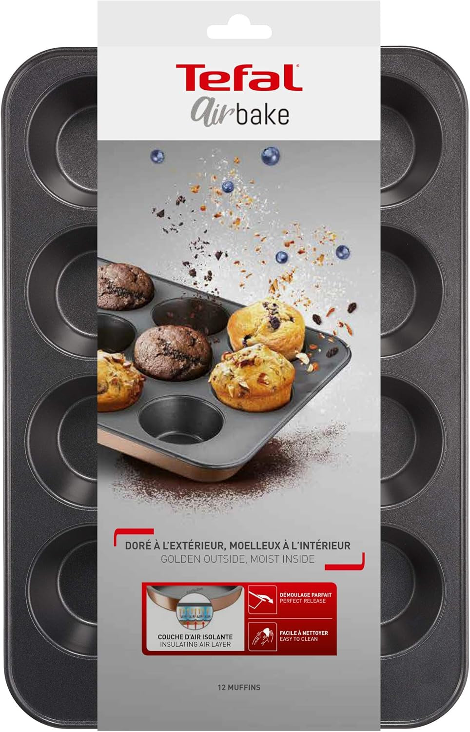 Tefal Airbake J2555014 Muffinform, Antihaftbeschichtung, Karbonstahl, Braun, 29 X 41 Cm Formar och plåtar för bakning Naty Shop