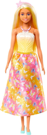Royal Barbie Doll med snyggt hår med färgglada hårstrån, färgglada accessoarer, gradient gul topp och fjärilskjol, HRR09 Naty Shop Dolls