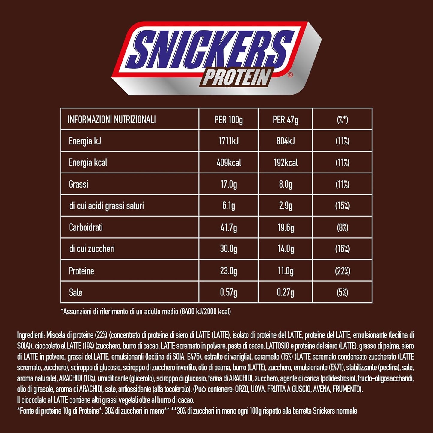 Snickers proteinbars med choklad - rik smak med hasselnötskaramell och nougat, bulkförpackning 18x47g