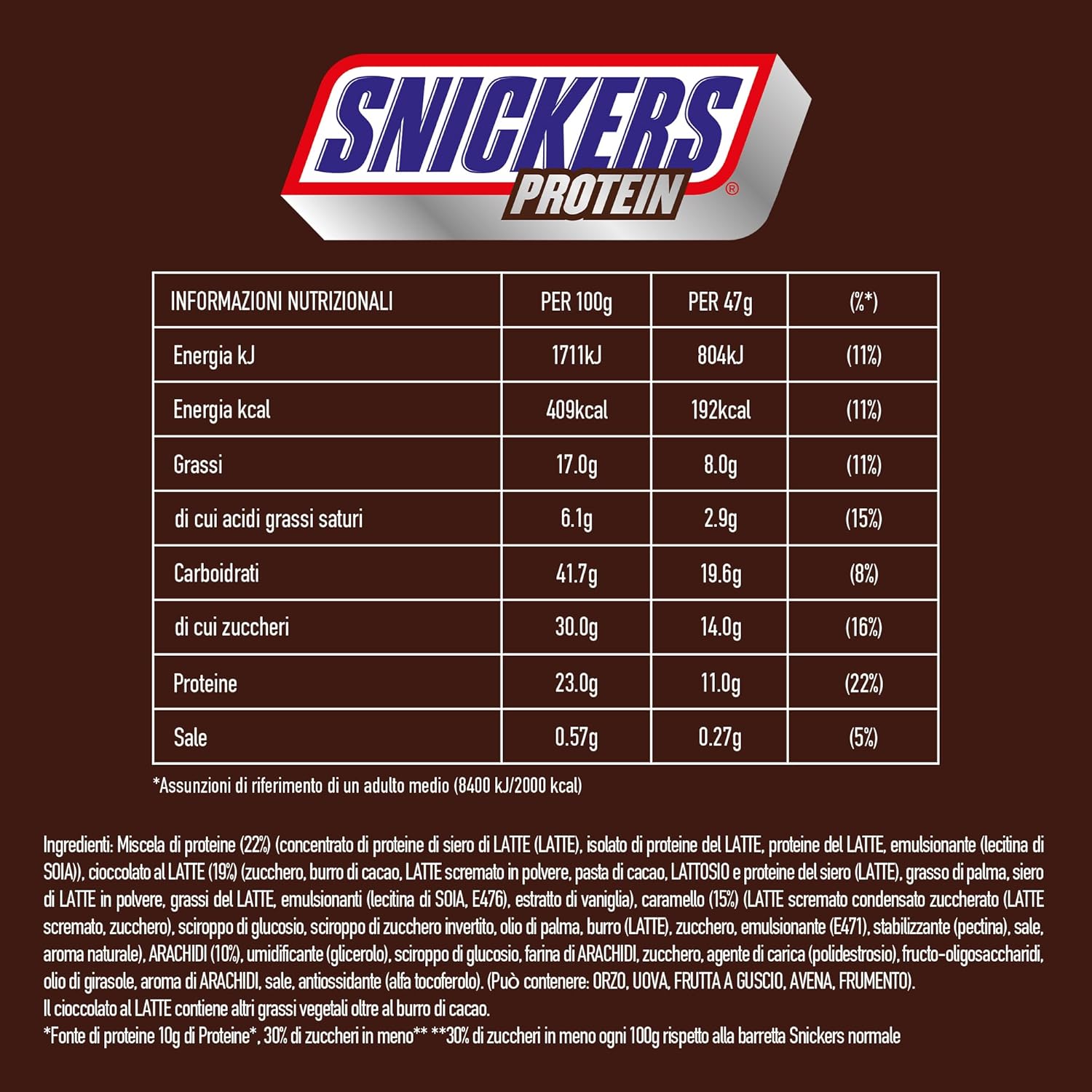 Snickers proteinbars med choklad - rik smak med hasselnötskaramell och nougat, bulkförpackning 18x47g