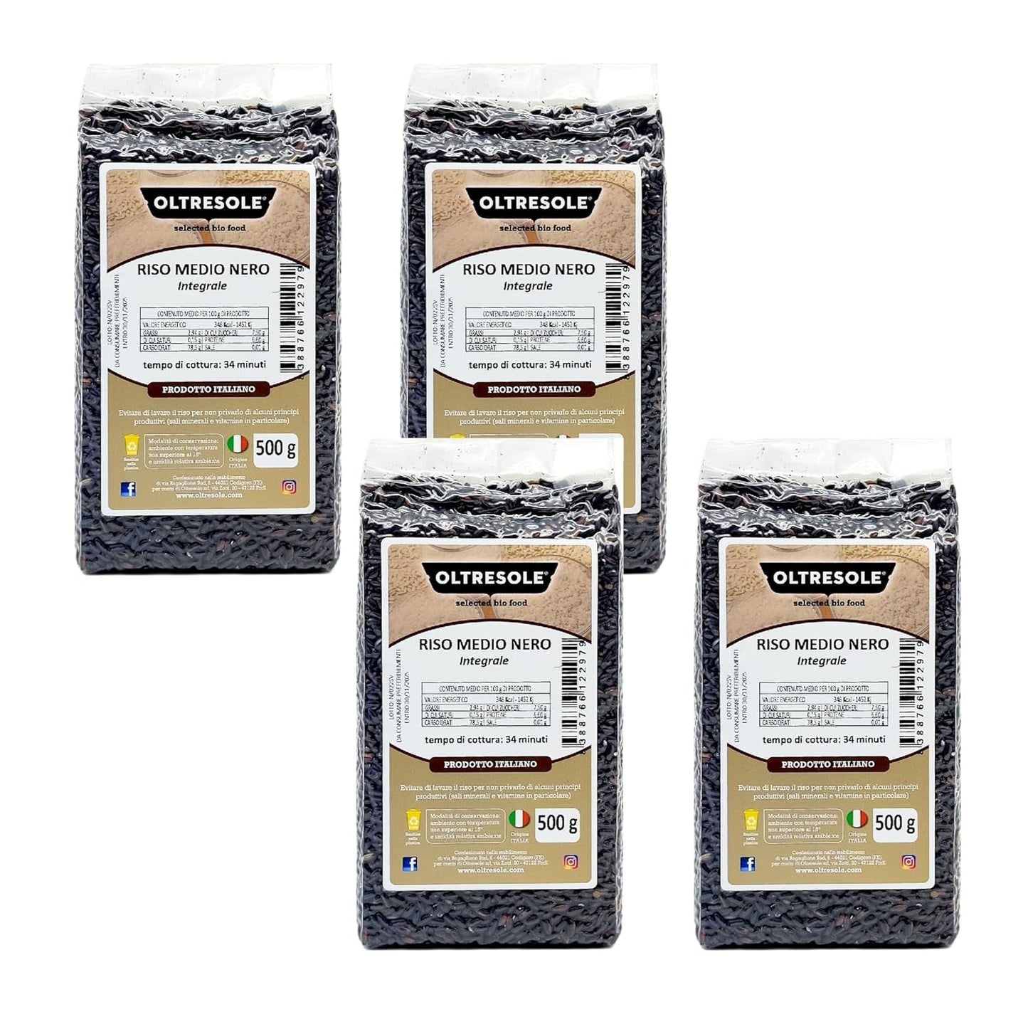 Italienskt fullkornsris, fiberrik oraffinerat ris, perfekt för kreativa rissallader och hälsosamma rätter, vakuumförpackat, 4 förpackningar x 500 g