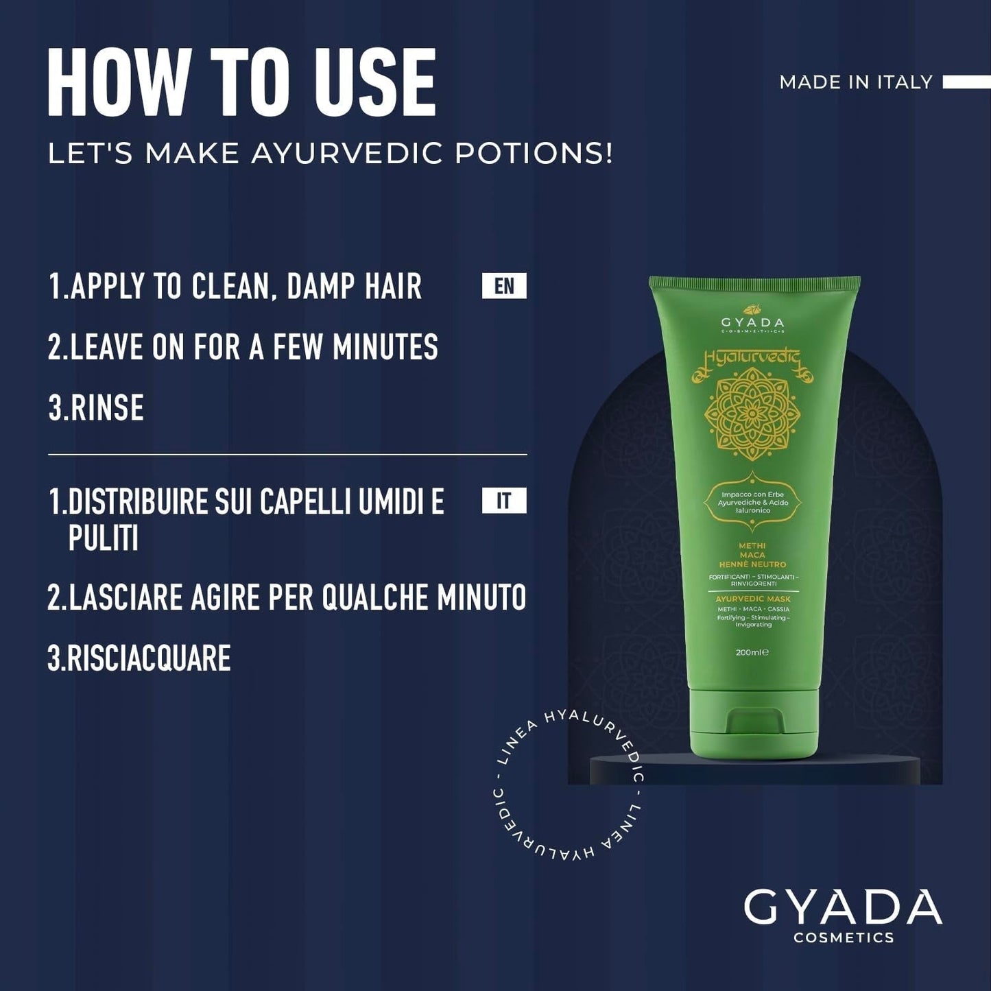 GYADA COSMETICS, hyalurvedisk stärkande ayurvedisk kompress, professionell behandling för fint och svagt hår, antifrizz med methi, maca, neutral henna, 200 ml Naty Shop hårmask