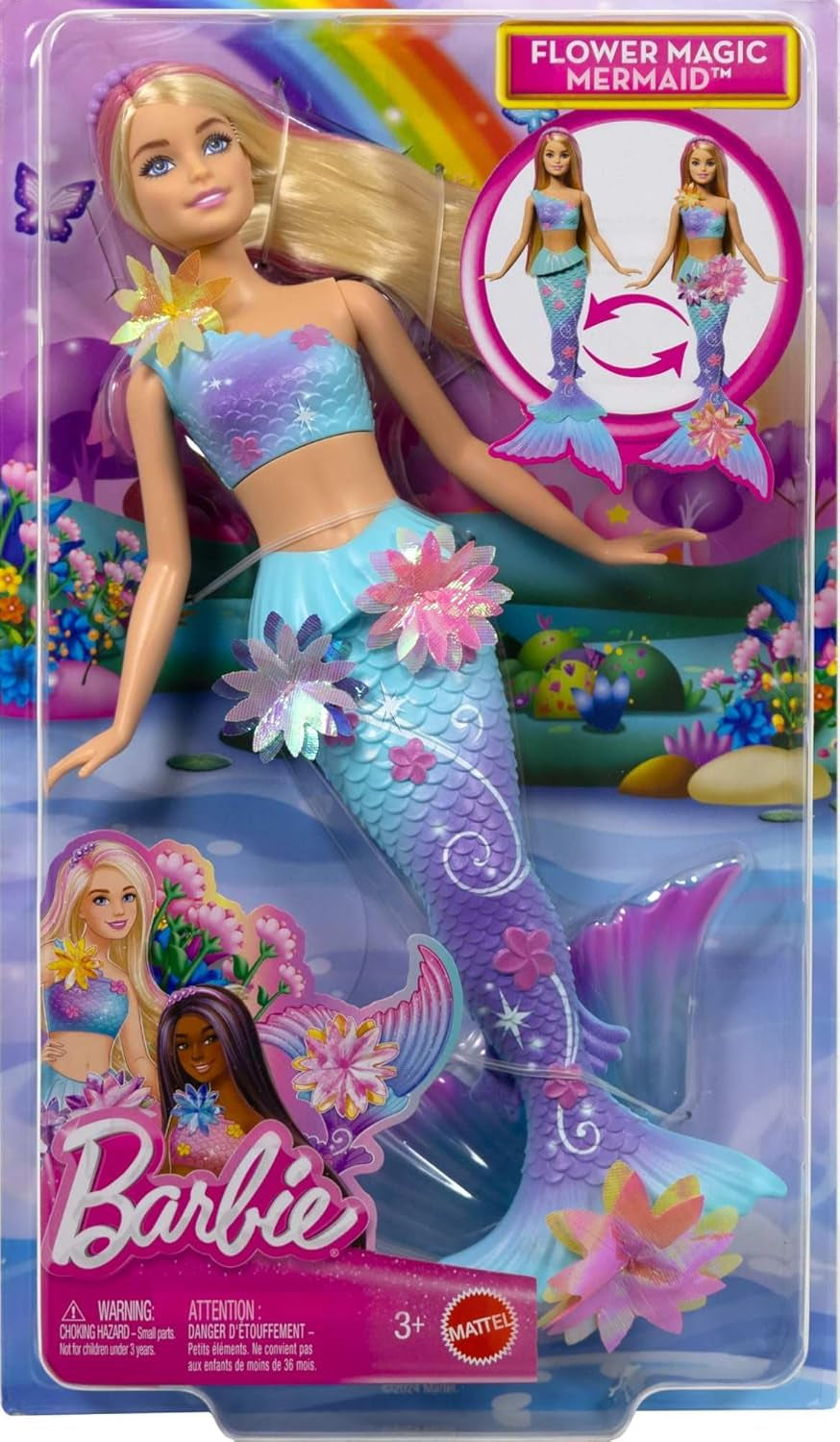 Barbie Meerjungfrauen-Spielzeug Puppe mit magischer Überraschungs Blüte, Schwanzflosse mit Farbverlauf, perlenbesetzten Haarreif och långa blonda Haar med rosa Strehchen, JDM72