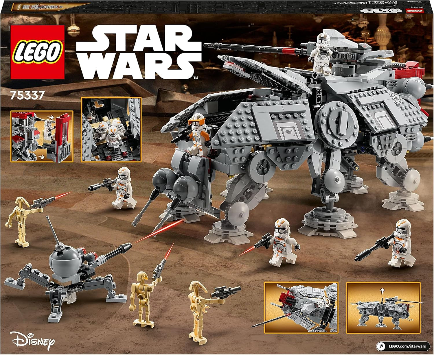 LEGO Star Wars At-Te Walker Mobilleksaksmodell Minifigur Set Inkluderar 3 Clone Troopers, Battle Droider och Dwarf Spider Droid 75337 Byggset Besuche den LEGO-Store