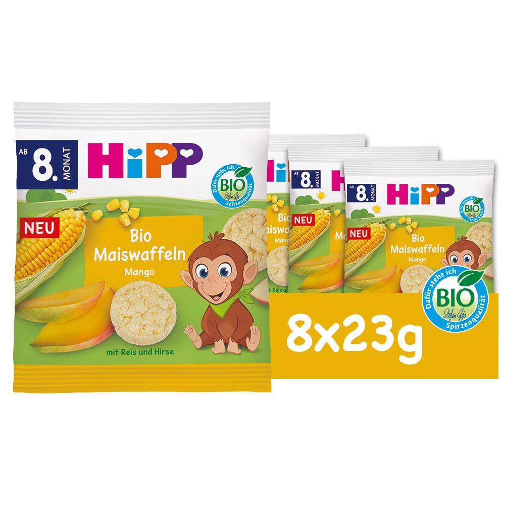 HiPP ekologiska majsvåfflor med mango (8 x 23g), mellanmål för bebisar från 8 månader, sötad endast med frukt och grönsaker, glutenfri, bästa ekologiska kvalitet