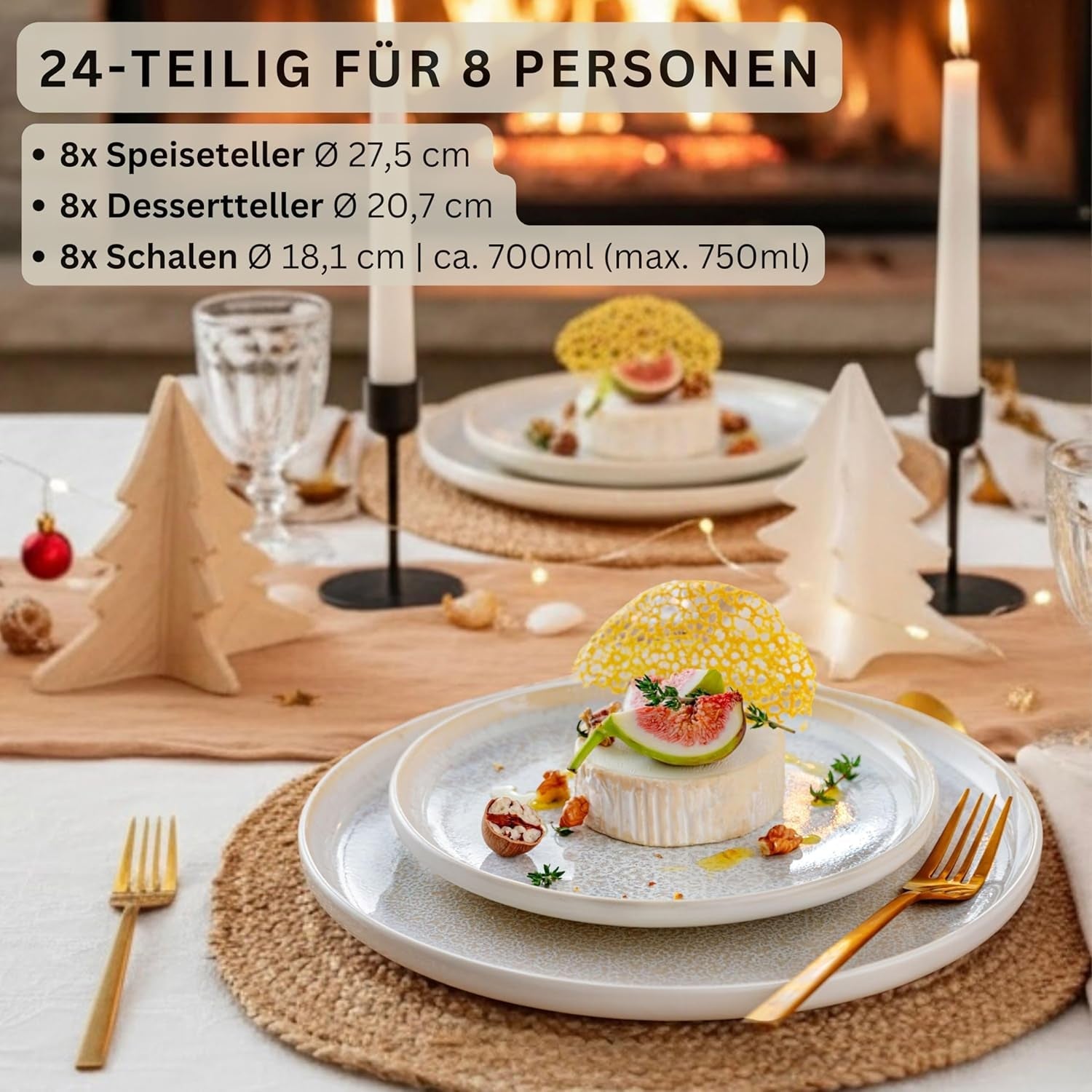 SANGER | 24-delade Korfu servisservis Middagsservice för 8 handgjorda keramiska servisset inklusive mattallrikar Desserttallrikar och sumatallrikar Krämigt servis med sandig textur