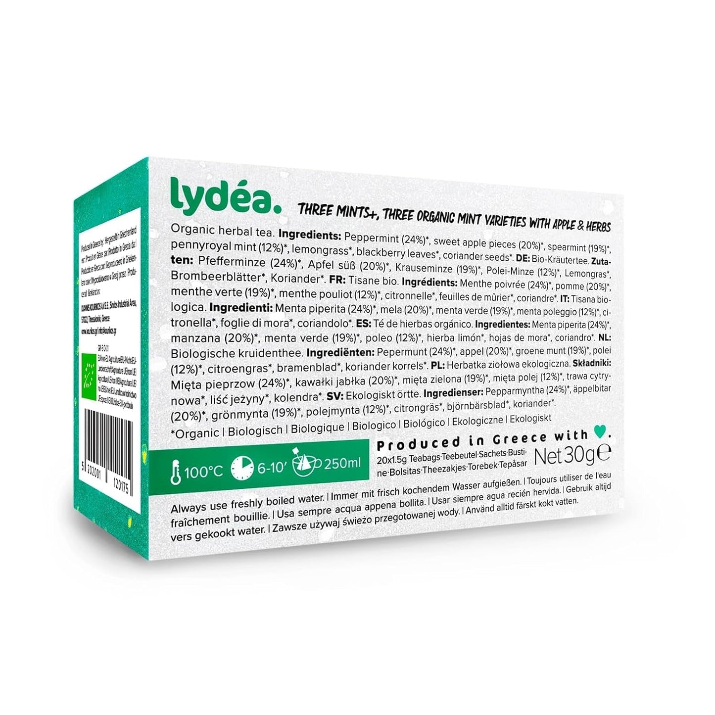 Lydea Three Mints+ ekologiskt örtte med tre sortiment av mynta, äpplen och örter, 60 pyramider, 3-pack [3 x 20 pyramider]