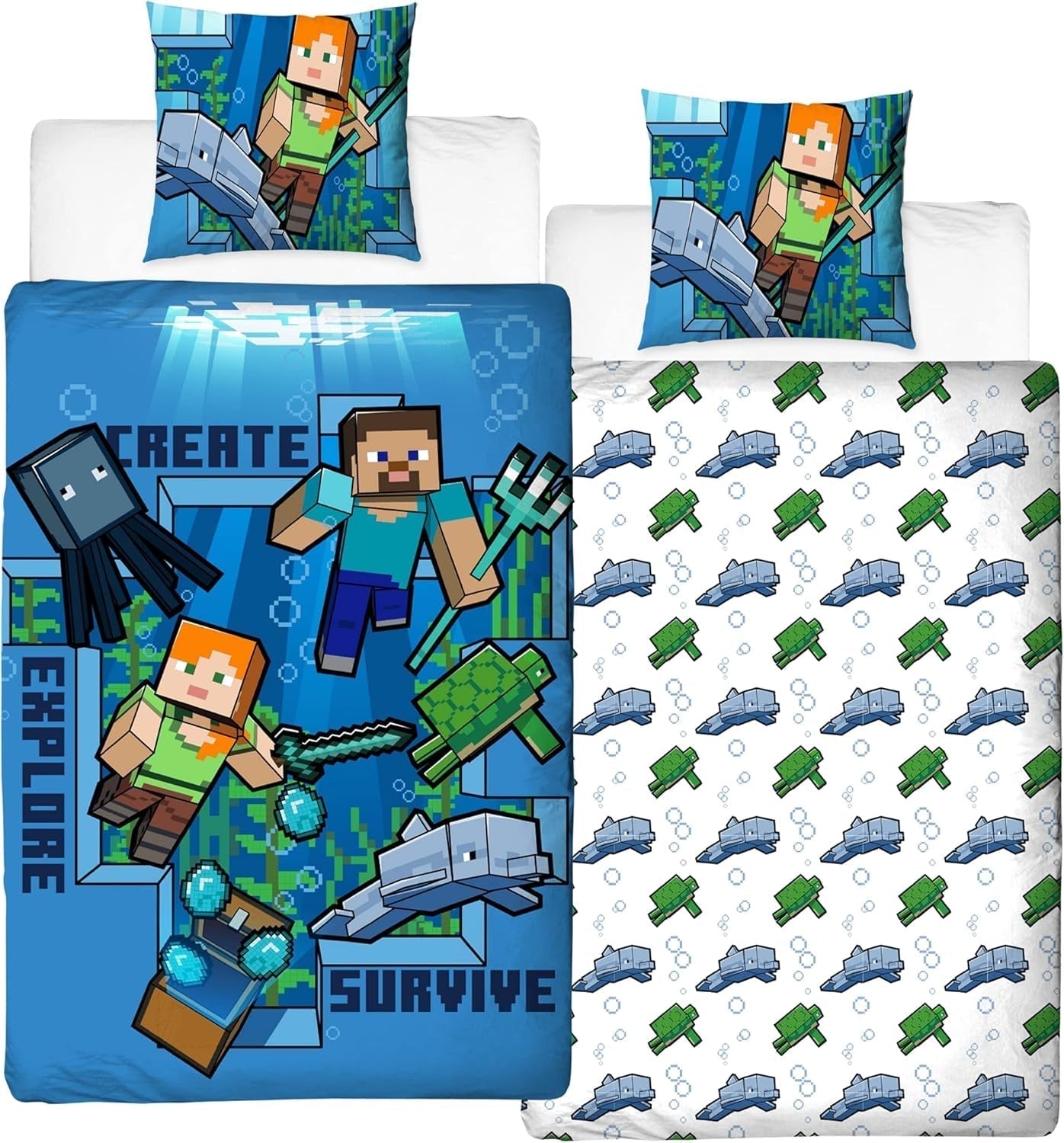 Minecraft Sängkläder Kinderbettwäsche Jugendbettwäsche 135X200 · Unterwasserwelt · Wende Motiv · Kissenbezug 80X80 + Bettbezug 135X200 Cm · 100 % Baumwolle · Deutsche Größe Naty Shop