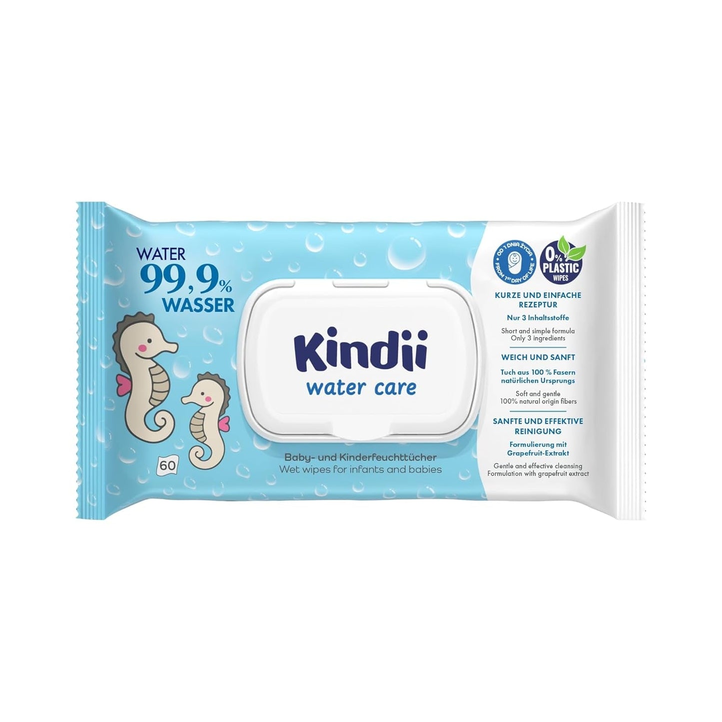 Kindii Water Care Wet Wipes - Aqua Baby Wipes - 100% Viskos, 99,9% Vatten, Grapefruktextrakt, Scarf Storlek 150x200, 100% biologiskt nedbrytbar, plastfria, rengöringsservetter för känslig hud