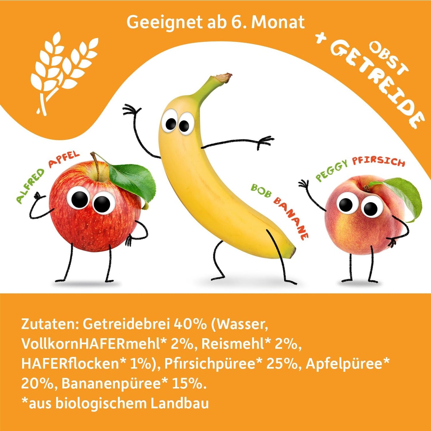 FRECHE FREUNDE Persika Äppel Banan Havre Ekologisk fruktpuré med spannmål i en klämbar påse för bebisar 6 månader+ Vegansk 6-pack (6 x 100 g)