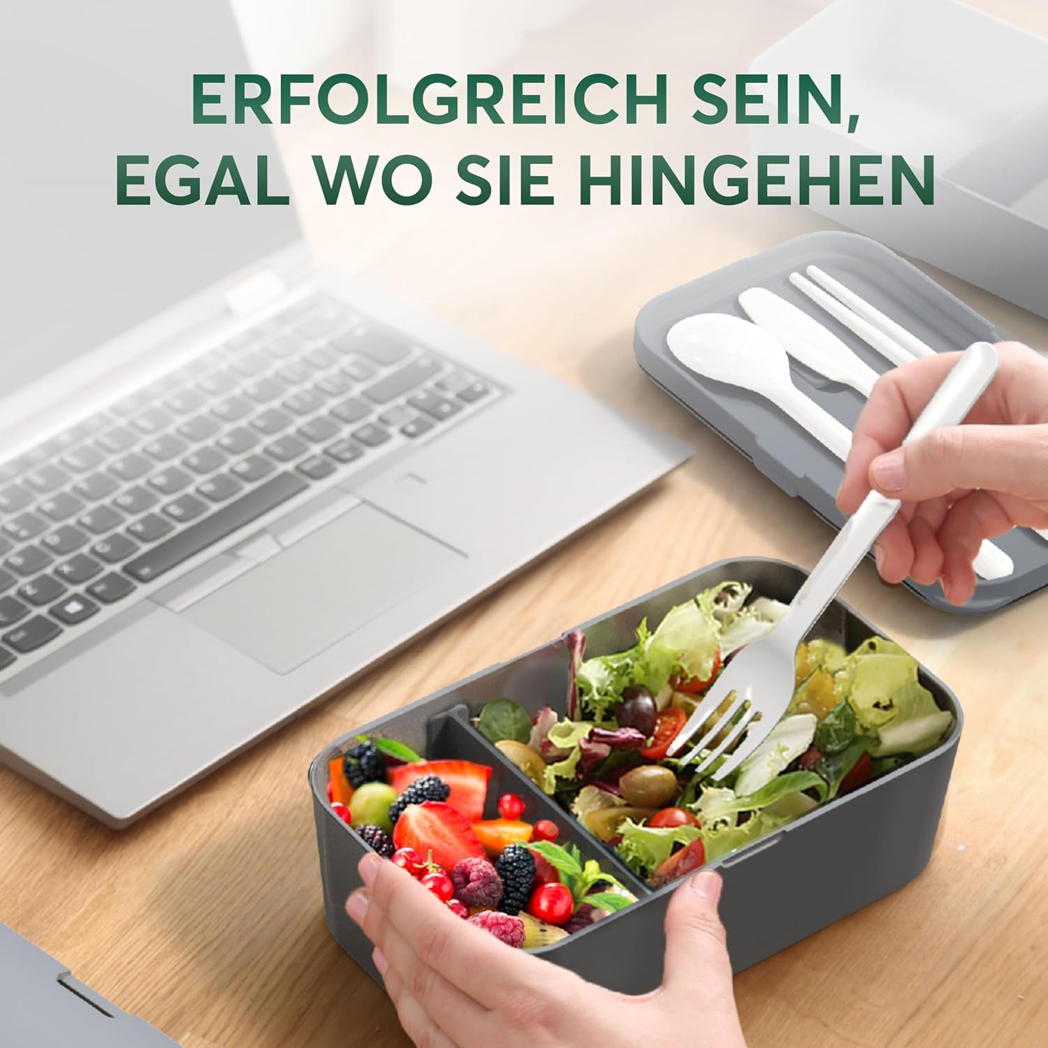 Umami Lunchbox för vuxna, Stapelbar Bento-låda med 4 bestick och fack, Vuxen Lunchbox, To-go-salladsbehållare, Picknick-/kontorslunchlåda, kolgrå, 1500 ml matförvaringslådor Naty Shop