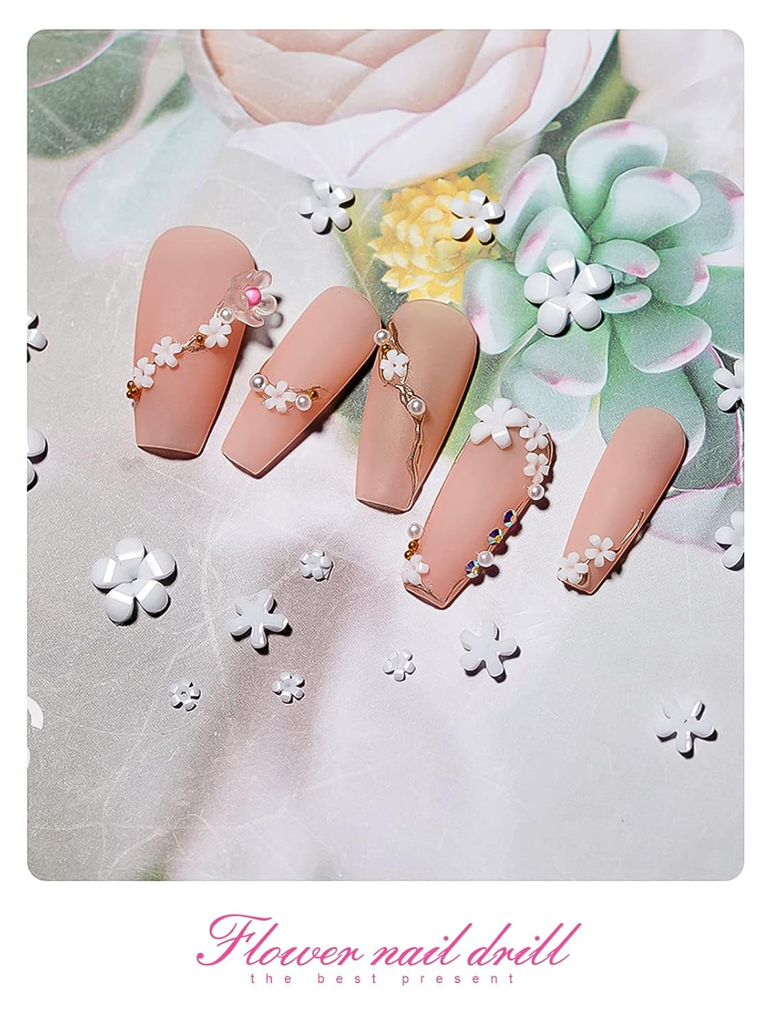 Kalolary Flowers Nail Art Charms, 3D Akryl Blommor för naglar Fem kronblad Blommor Ornament Nagelädelstenar Strasstenar Blandade metallpärlor för DIY Nail Art Design Smyckenstillverkning (2 lådor)