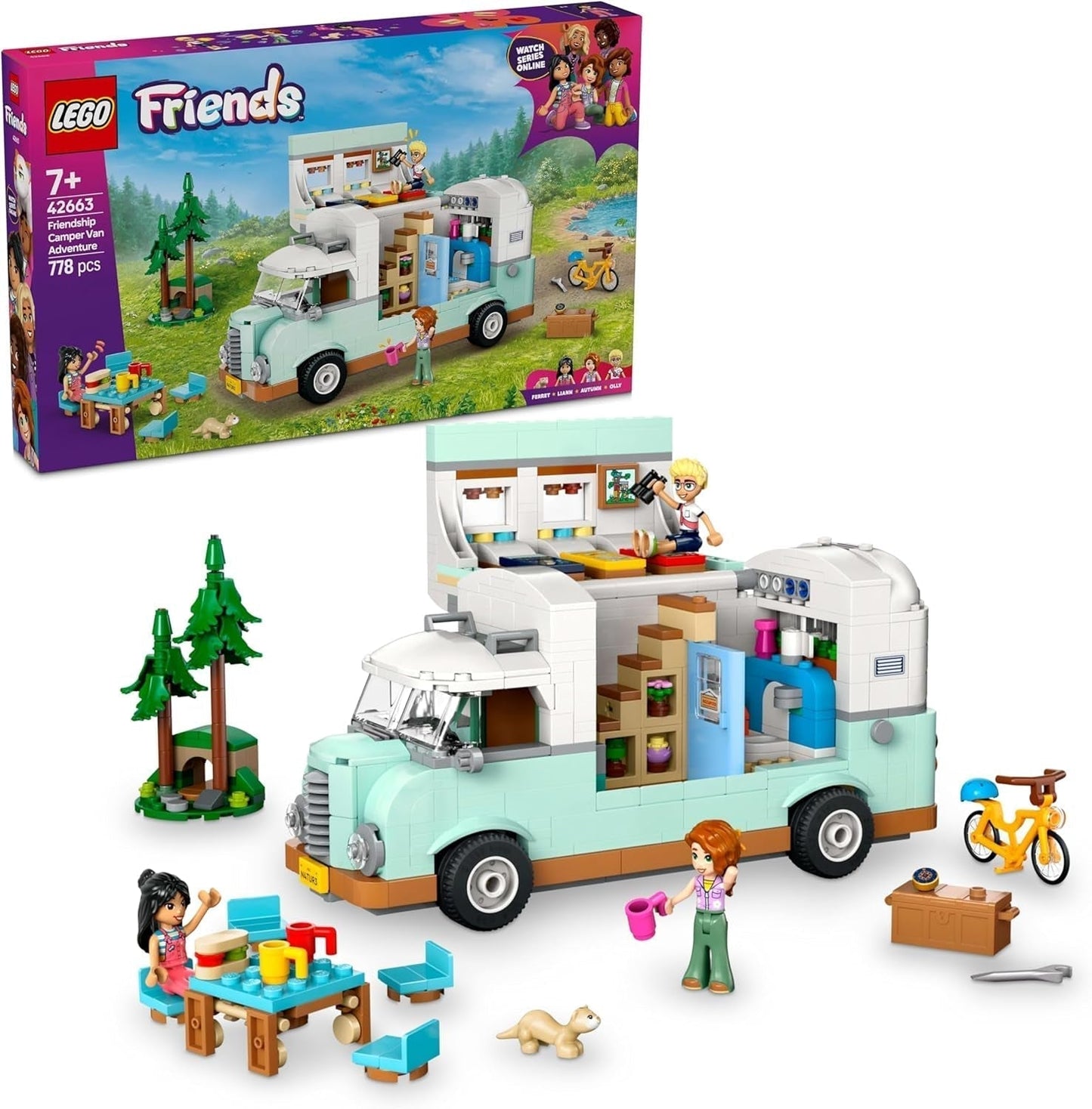 LEGO Friends Caravan, Rollspelsbyggsats med en leksakskaravan, present till tjejer från 7 år, Kreativt lekset med 3 minifigurer och illerdjursfigur 42663 Byggset Besuche den LEGO-Store Standardtitel