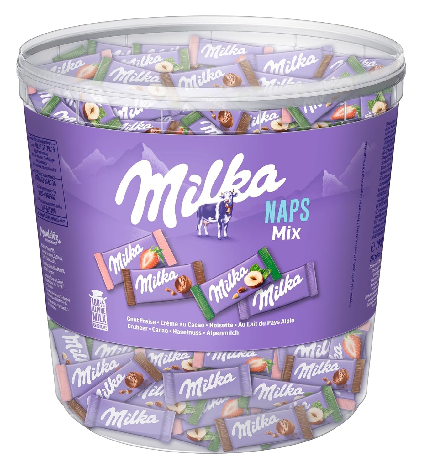 Milka Naps Mix – Mini chokladrutor i 4 sortiment: alpmjölk, jordgubbar, hasselnötter, kakaokräm – 1 x 1 kg
