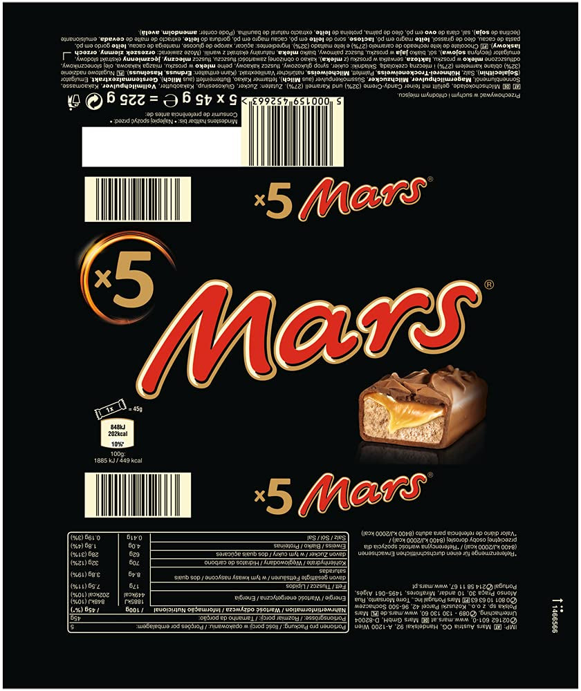 Mars Chokladkakor Karamellchoklad 1 förpackning 5 barer (1 x 225 g) (förpackning med 2)